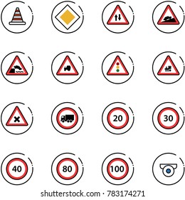 line vector icon set - road cone vector, main sign, oncoming traffic, climb, embankment, tractor way, light, railway intersection, no truck, speed limit 20, 30, 40, 80, 100, surveillance camera