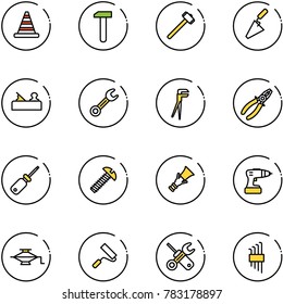 line vector icon set - road cone vector, work, sledgehammer, trowel, jointer, wrench, plumber, pliers, screwdriver, screw, dowel, drill, jack, paint roller, allen key set