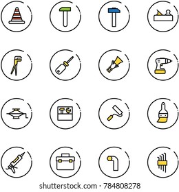 line vector icon set - road cone vector, work, hammer, jointer, plumber, screwdriver, dowel, drill, jack, tool box, paint roller, brush, gun sealant, allen key, set