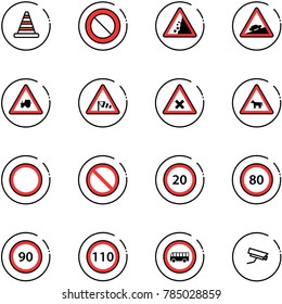 line vector icon set - road cone vector, prohibition sign, landslide, climb, tractor way, side wind, railway intersection, cow, speed limit 20, 80, 90, 110, no bus, surveillance camera