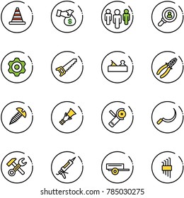 line vector icon set - road cone vector, encashment, group, head hunter, gear, saw, jointer, pliers, screw, dowel, Angular grinder, sickle, wrench hammer, gun sealant, trailer, allen key set