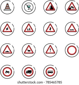 Line Vector Icon Set - Road Cone Vector, No Alcohol Sign, Landslide, Embankment, Abrupt Turn Right, Children, Intersection, Rough, Artificial Unevenness, Cow, Attention, Prohibition, Moto, Truck