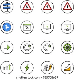 line vector icon set - road signpost vector sign, intersection, only forward right, cursor browser, monitor, arrow, reload, redo, target, arrows up, lightning, career, rise