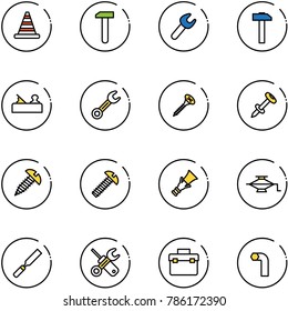 line vector icon set - road cone vector, work, wrench, hammer, jointer, screw, nail dowel, jack, rasp, screwdriver, tool box, allen key
