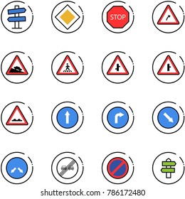 line vector icon set - road signpost vector sign, main, stop, turn right, steep descent, pedestrian, intersection, rough, only forward, detour, end overtake limit, no parking