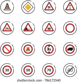 line vector icon set - road cone vector, main sign, oncoming traffic, light, side wind, gravel, railway intersection, prohibition, no dangerous cargo, limited height, truck, speed limit 30, 50, 70