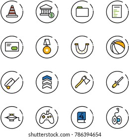 line vector icon set - road cone vector, account, folder, document, envelope, star medal, luck, ball, suitcase, chevron, axe, clinch, jack, joystick, abc book, yoyo