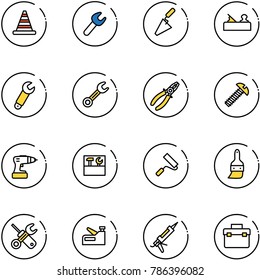 line vector icon set - road cone vector, wrench, trowel, jointer, pliers, screw, drill, tool box, paint roller, brush, screwdriver, stapler, gun sealant