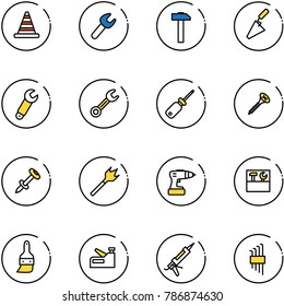 line vector icon set - road cone vector, wrench, hammer, trowel, screwdriver, screw, nail dowel, wood drill, tool box, brush, stapler, gun sealant, allen key set