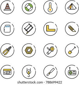 line vector icon set - road cone vector, lifebuoy, thermometer, tent, micro flash card, bucksaw, corner ruler, work knife, pliers, nut, Angular grinder, shovel, generator, winch, rasp, radio