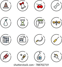 line vector icon set - road cone vector, bell, rowanberry, broken bone, pear, sand clock, presentation, dragonfly, circuit, plant, sickle, awl, marker, baseball bat, yoyo, toy unicorn stick