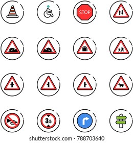 line vector icon set - road cone vector, disabled, stop sign, oncoming traffic, climb, steep descent, tunnel, children, intersection, cow, no horn, limited height, only right, signpost