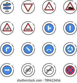 line vector icon set - road signpost vector sign, giving way, turn left, climb, children, rough, only forward right, detour, circle, end speed limit, overtake, no stop