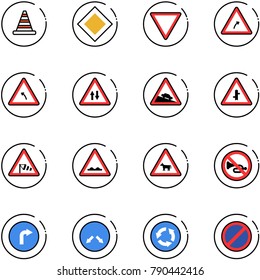 line vector icon set - road cone vector, main sign, giving way, turn right, left, oncoming traffic, steep descent, intersection, side wind, rough, cow, no horn, only, detour, circle, parking