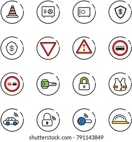 line vector icon set - road cone vector, safe, giving way sign, traffic light, no bus, overtake, key, locked, life vest, car wireless, lock, construction helmet