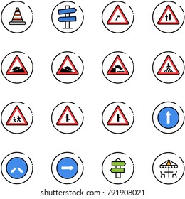 line vector icon set - road cone vector, signpost sign, turn right, oncoming traffic, climb, steep descent, embankment, pedestrian, children, intersection, only forward, detour, outdoor cafe