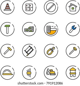 line vector icon set - road cone vector, baggage room, no limit sign, home, work, brick wall, hotel, wrench, hammer, bucksaw, side cutters, nail, construction helmet, allen key set, excavator toy