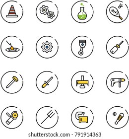 line vector icon set - road cone vector, gears, round flask, badminton, fishing, gear, piston, screwdriver, nail, clinch, milling cutter, drill machine, Angular grinder, farm fork, tool