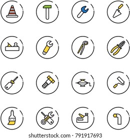 line vector icon set - road cone vector, work, wrench, trowel, jointer, plumber, pliers, screwdriver, bolt, jack, paint roller, brush, stapler, allen key