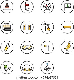 line vector icon set - road cone vector, christmas sock, snowball, dollar flag, sea hotel, suitcase, ship bell, skateboard, wrench, protective glasses, allen key, moon lamp, toy caterpillar, car