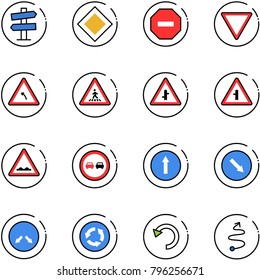 line vector icon set - road signpost vector sign, main, no way, giving, turn left, pedestrian, intersection, rough, overtake, only forward, detour, circle, undo, trip
