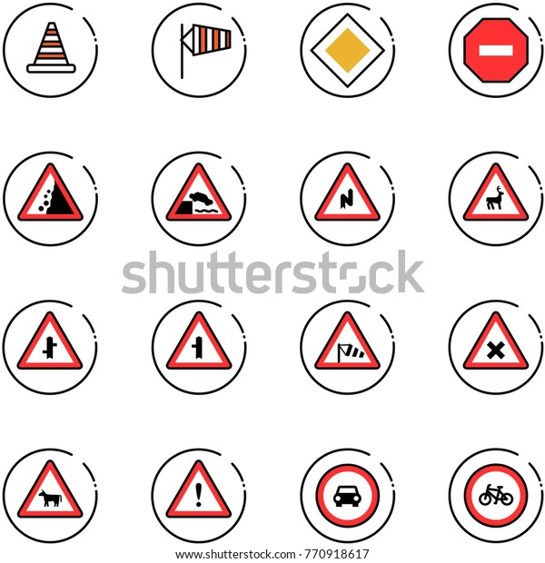 line\
vector icon set - road cone vector, side wind, main sign, no way,\
landslide, embankment, abrupt turn right, wild animals,\
intersection, railway, cow, attention, car,\
bike