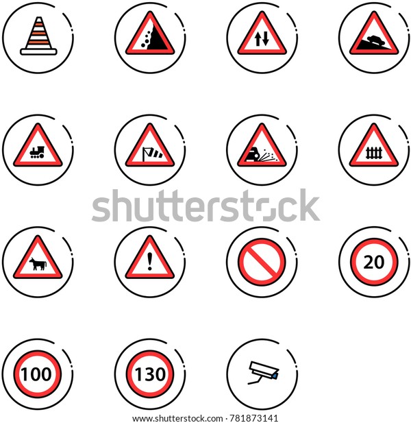 line vector icon set - road cone vector, landslide
sign, oncoming traffic, steep descent, railway intersection, side
wind, gravel, cow, attention, prohibition, speed limit 20, 100,
130