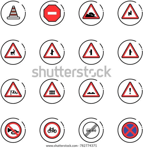 line vector icon set - road cone vector, no way\
sign, steep descent, abrupt turn right, wild animals, intersection,\
side wind, railway, rough, attention, horn, bike, end overtake\
limit, stop