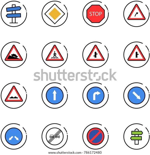 line
vector icon set - road signpost vector sign, main, stop, turn
right, steep descent, pedestrian, intersection, rough, only
forward, detour, end overtake limit, no
parking