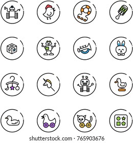 line vector icon set - robot vector, chicken toy, teethers, beanbag, cube, horn, rabbit, baby carousel, unicorn stick, duck, cat, hole