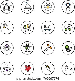 line vector icon set - robot vector, sailboat toy, bear, beanbag, horse stick, xylophone, baby car, elephant wheel, ufo, hammer, caterpillar, carousel, puzzle, unicorn, duck