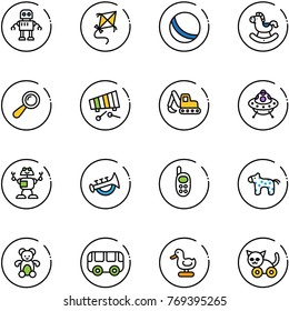 line vector icon set - robot vector, kite, ball, rocking horse, beanbag, xylophone, excavator toy, ufo, horn, phone, bear, bus, duck, cat