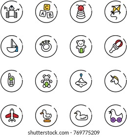 line vector icon set - robot vector, abc cube, pyramid toy, kite, sailboat, beanbag, bear, phone, wirligig, unicorn stick, plane, duck