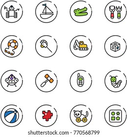 line vector icon set - robot vector, sailboat toy, crocodile, shovel fork, teethers, horse stick, excavator, cube, ufo, hammer, phone, caterpillar, beach ball, puzzle, cat, hole