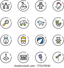 line vector icon set - robot vector, sailboat toy, chicken, beanbag, elephant wheel, horse, caterpillar, rabbit, block house, beach ball, bear, wirligig, piano, windmill