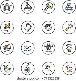 line vector icon set - robot vector, sailboat toy, beanbag, car, kite, chicken, xylophone, baby, bear, caterpillar, yoyo, unicorn stick, duck