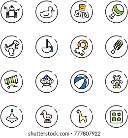 line vector icon set - robot vector, duck toy, abc cube, beanbag, dinosaur, sailboat, teethers, xylophone, ufo, beach ball, bear, wirligig, giraffe, hole