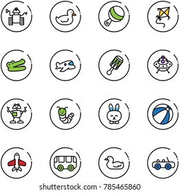 line vector icon set - robot vector, duck toy, beanbag, kite, crocodile, plane, ufo, caterpillar, rabbit, beach ball, bus, car
