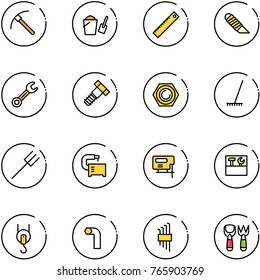 line vector icon set - rock axe vector, bucket scoop, ruler, work knife, wrench, bolt, nut, rake, farm fork, machine tool, jig saw, box, winch, allen key, set, shovel toy