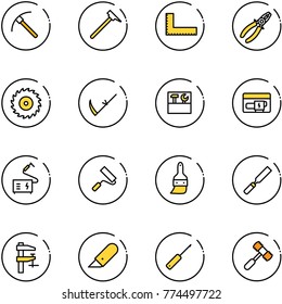 line vector icon set - rock axe vector, mason hammer, corner ruler, pliers, saw disk, scythe, tool box, generator, welding, paint roller, brush, rasp, clamp, work knife, awl, toy