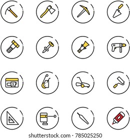 line vector icon set - rock axe vector, trowel, bolt, nail dowel, drill machine, generator, winch, lawn mower, paint roller, corner ruler, laser lever, forceps, marker