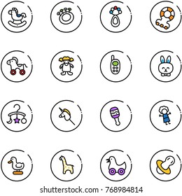 line vector icon set - rocking horse vector, beanbag, teethers, wheel, doll, phone toy, rabbit, baby carousel, unicorn stick, duck, giraffe, soother