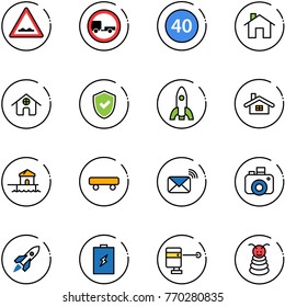 line vector icon set - rough road vector sign, no trailer, minimal speed limit, home, shield check, rocket, bungalow, skateboard, wireless mail, camera, battery, laser lever, pyramid toy
