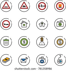 line vector icon set - rough road vector sign, for moto, limited width, no dangerous cargo, cart horse, home, camera, trash bin, dollar, wireless mail, yoyo