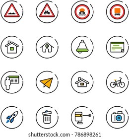 line vector icon set - rough road vector sign, for moto, no dangerous cargo, home, bell, schedule, presentation, paper fly, bike, rocket, trash bin, laser lever, camera