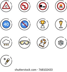 line vector icon set - round motion vector road sign, no left turn, trailer, dangerous cargo, minimal speed limit, end, win cup, pennant, rain cloud, protective glasses, teethers, cube toy