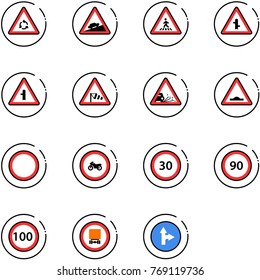 line vector icon set - round motion vector road sign, climb, pedestrian, intersection, side wind, gravel, artificial unevenness, prohibition, no moto, speed limit 30, 90, 100, dangerous cargo