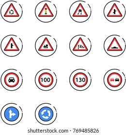 line vector icon set - round motion vector road sign, traffic light, slippery, intersection, railway, side wind, artificial unevenness, no car, speed limit 100, 130, overtake, only forward right