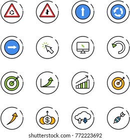 line vector icon set - round motion vector road sign, intersection, only forward, circle, right, cursor, monitor, undo, target, growth arrow, dollar, cloud exchange data, dart