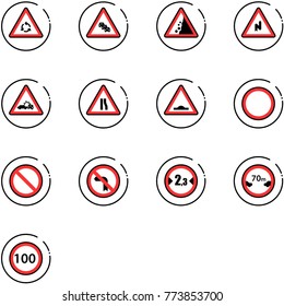line vector icon set - round motion vector road sign, multi lane traffic, landslide, abrupt turn right, car crash, narrows, artificial unevenness, prohibition, no left, limited width, distance